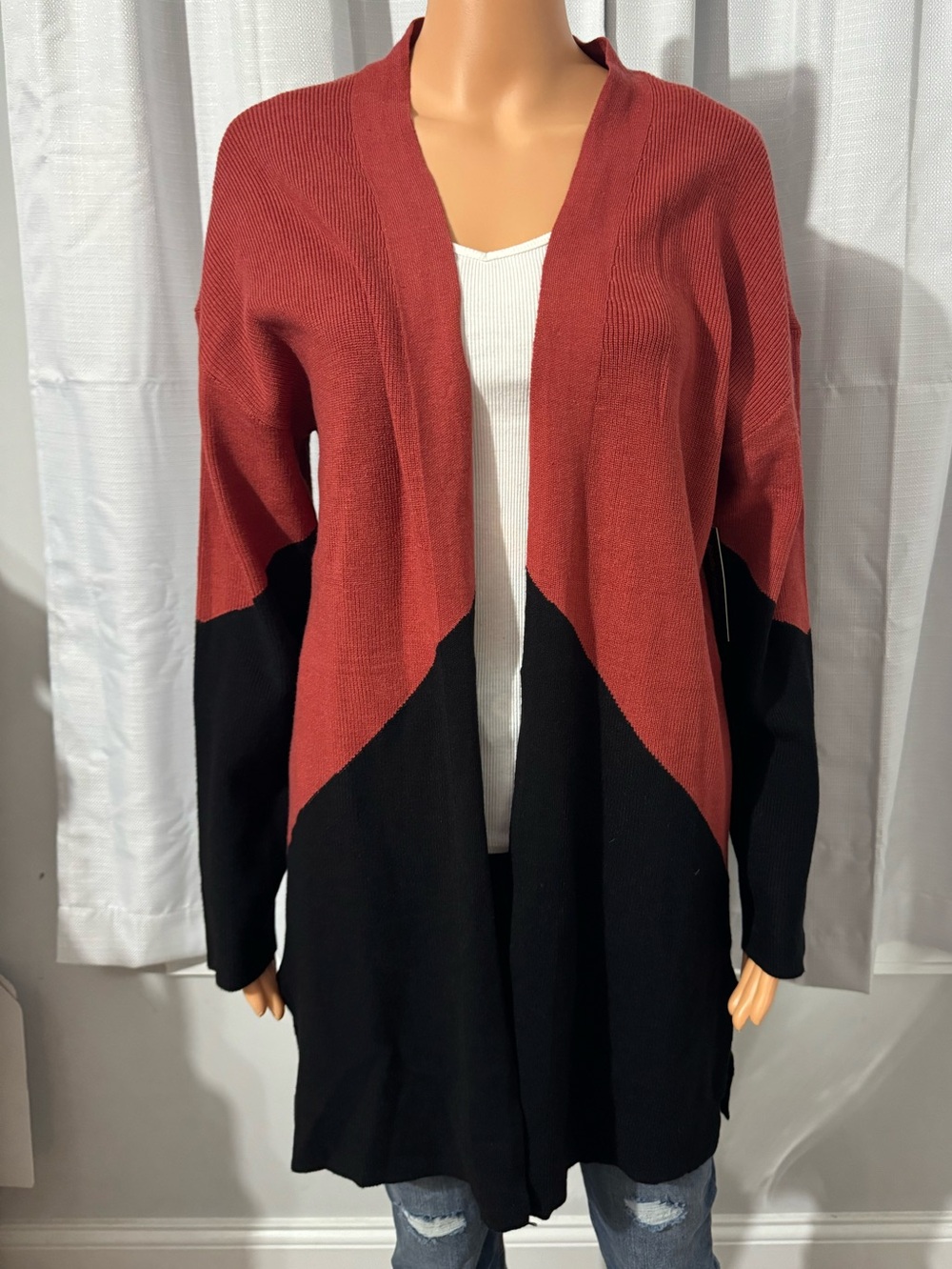 Great Kathy Ireland size M rust black open front midi sweater new